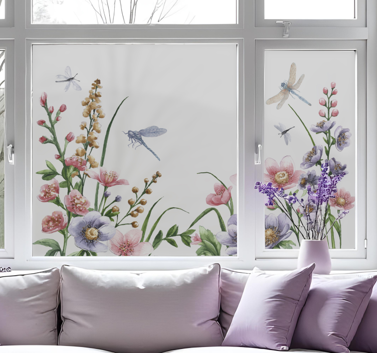 Flowers and dragonflies window decal - TenStickers