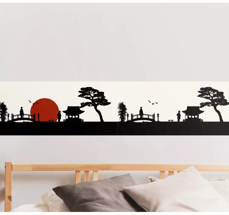 Japanese bird with sun and trees border sticker - TenStickers