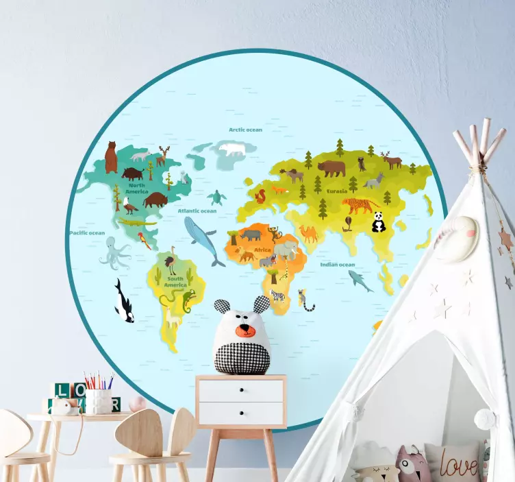Lively Worldwide Map animal wall decal - TenStickers
