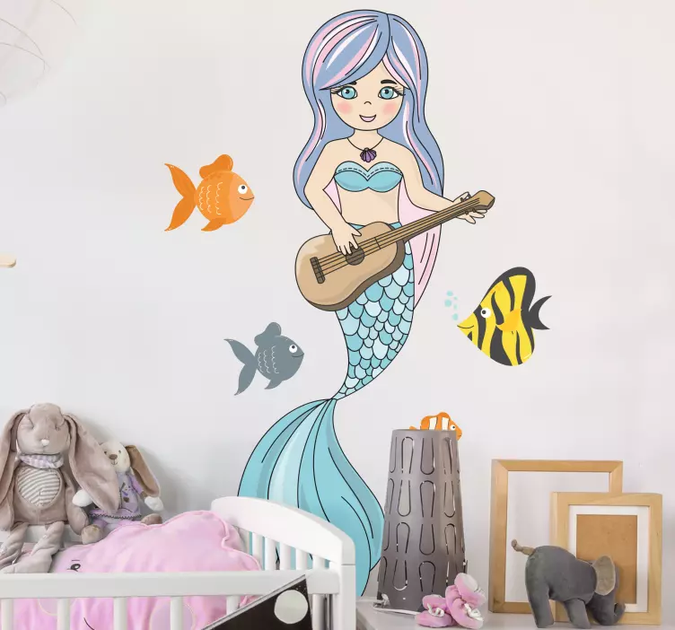 Mermaid playing guitar illustration wall art - TenStickers
