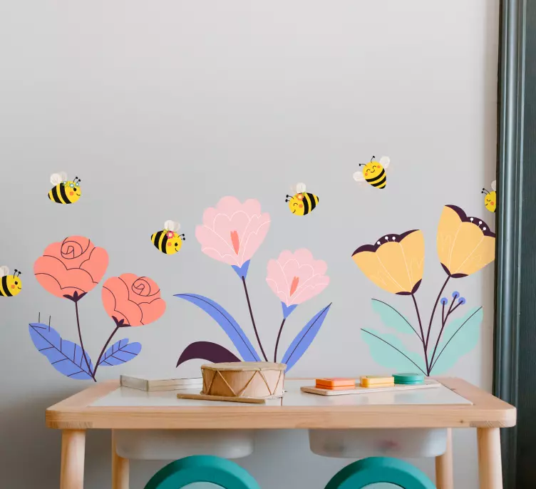 Multiple flowers with bees flower wall decal - TenStickers