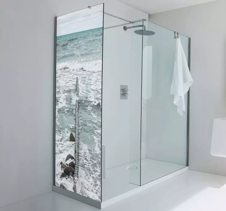 Ocean landscape with wooden shower screen decal - TenStickers