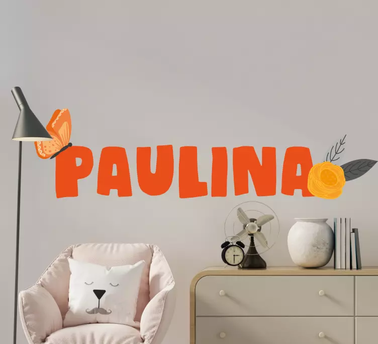 Orange custom name with flower wall sticker - TenStickers