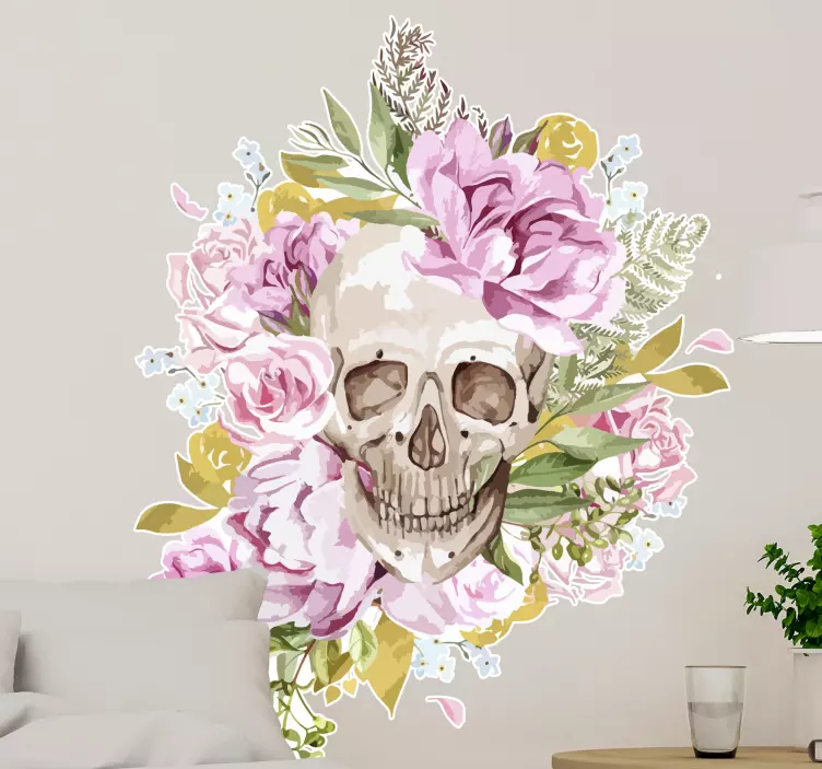 peony surrounding a skull flower wall sticker - TenStickers