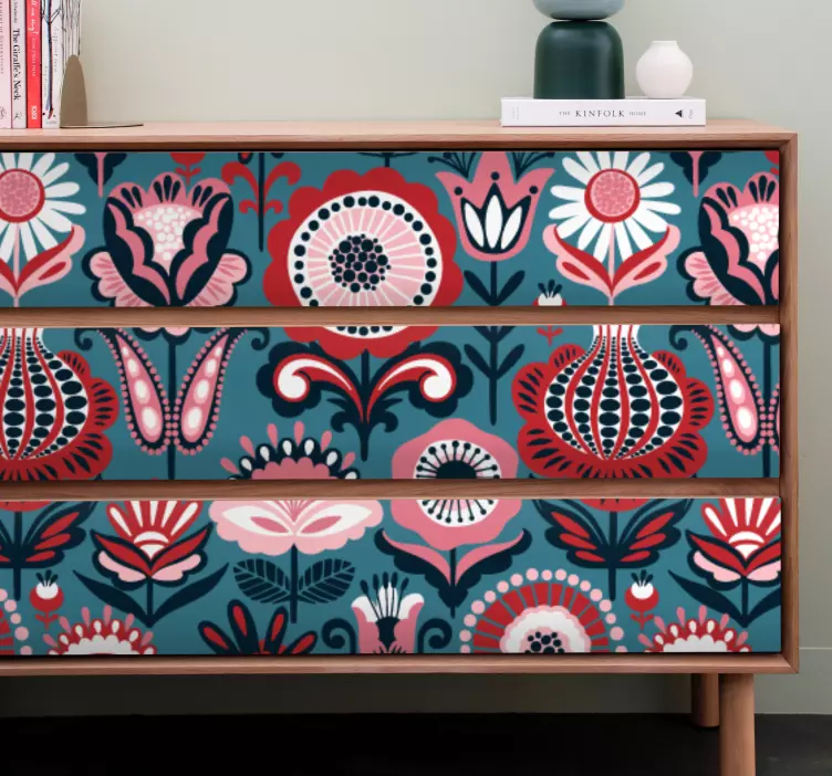 Pink and red folk  on a blue furniture sticker - TenStickers