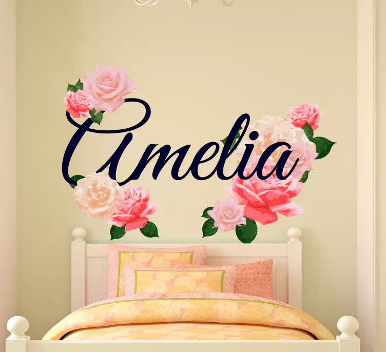 Pink roses with name flower wall sticker - TenStickers