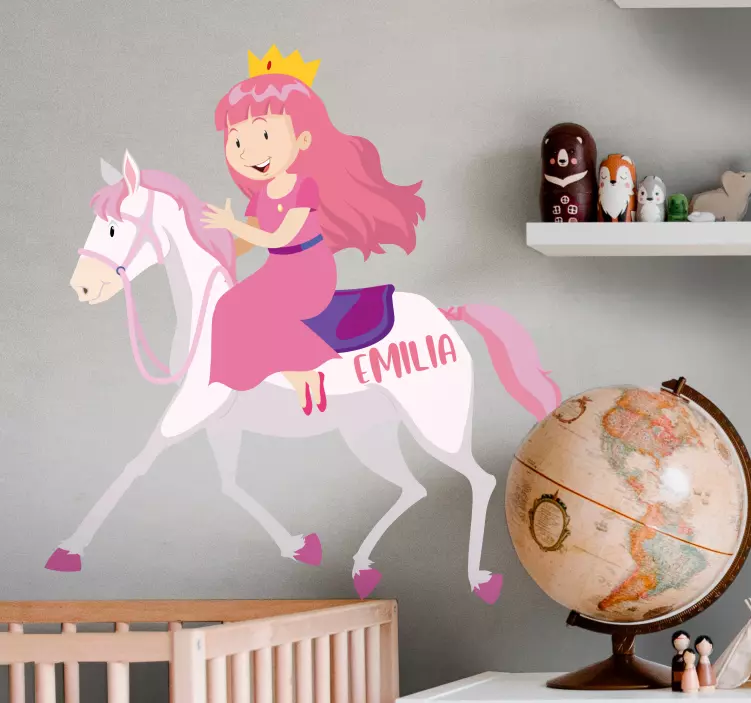 Princess riding unicorn with name wall stickers for kids - TenStickers