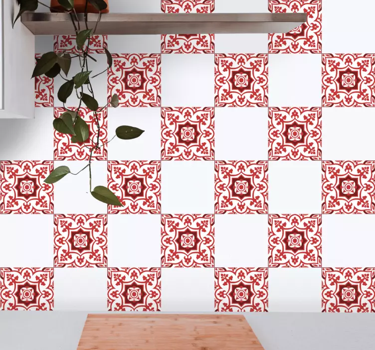 Red and white floral pattern tile sticker - TenStickers