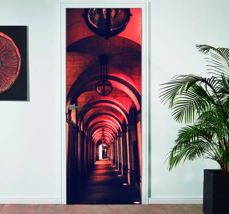 Red Corridor with Pillars Door Sticker - TenStickers