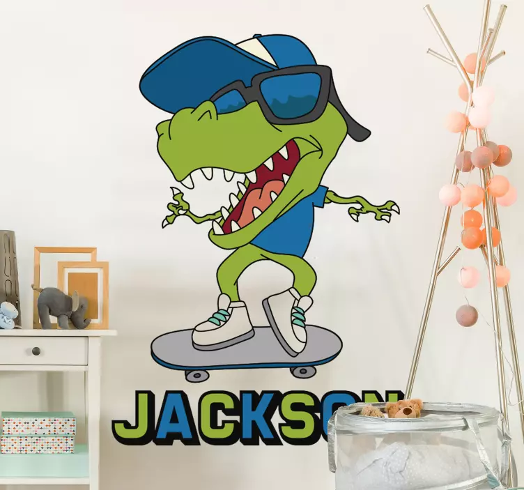 SKATEBOARDING DINOSAUR WITH NAME wall decal - TenStickers