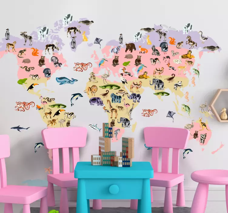 Pastel animal motif world map wall sticker - TenStickers