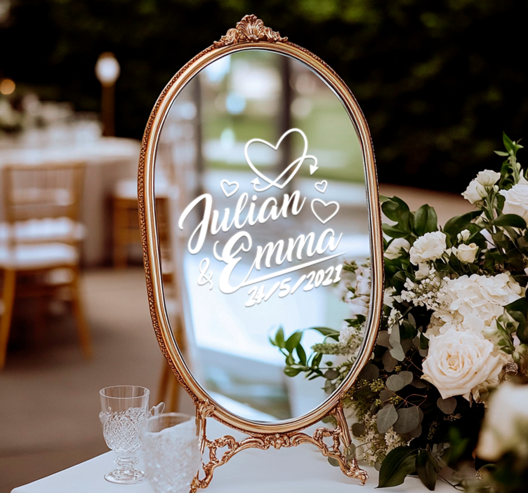 Hearts with name and date wedding car sticker - TenStickers