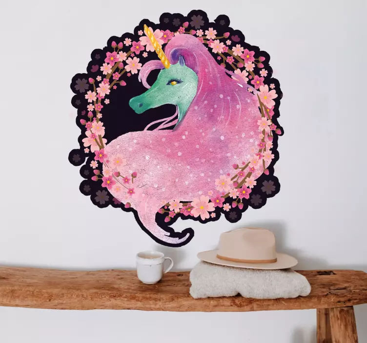 Unicorn in floral crown illustration wall art - TenStickers