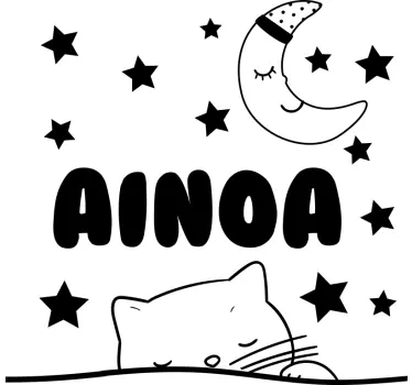 customizable name with cat and moon wall sticker - TenStickers