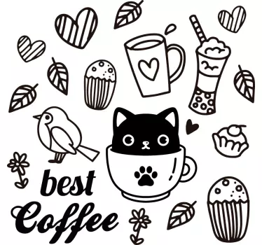 Coffee themes with birds and cats food wall decal - TenStickers