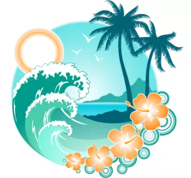 Exotic Palm Beach & Waves Wall Sticker - TenStickers