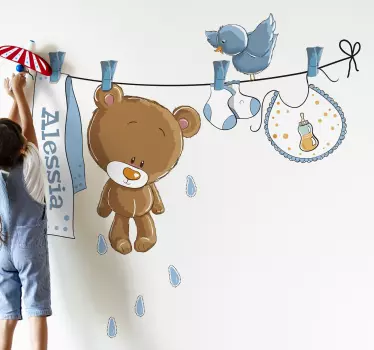 Bear on Washing Line Kids Sticker - TenStickers