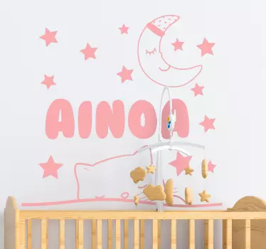 customizable name with cat and moon wall sticker - TenStickers
