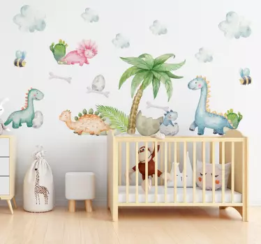 Cute Watercolour Dinosaurs Wall Sticker Children's Room - TenStickers