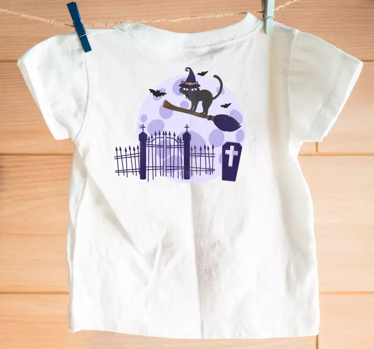 Cat on broomstick ride Halloween t-shirt - TenStickers