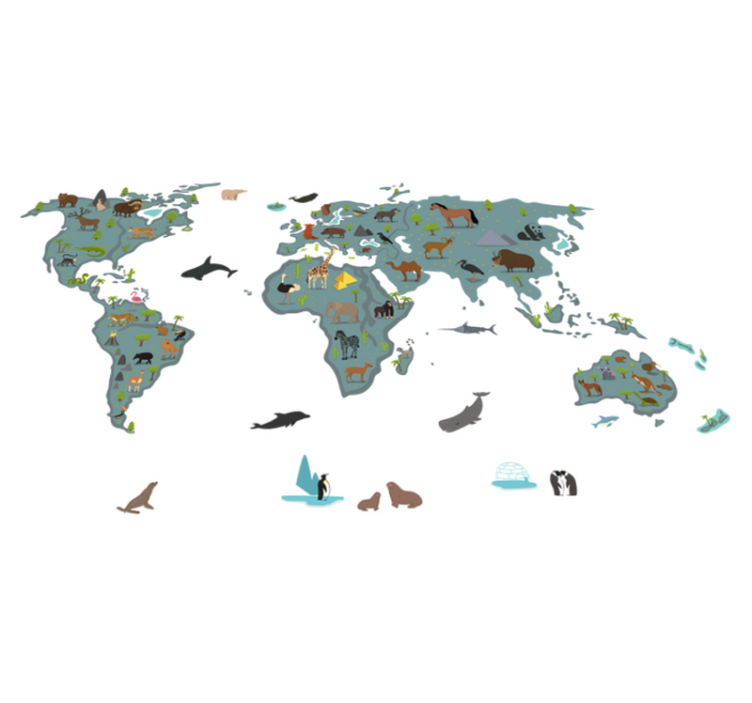 World map vinyl rug with playful animals and trees - TenStickers
