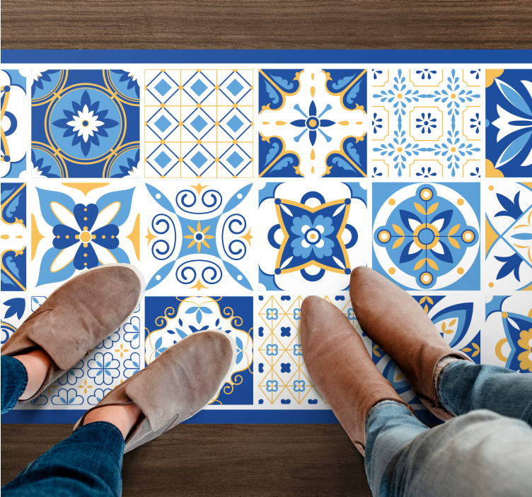 Blue mediterranean tile kitchen vinyl rug - TenStickers