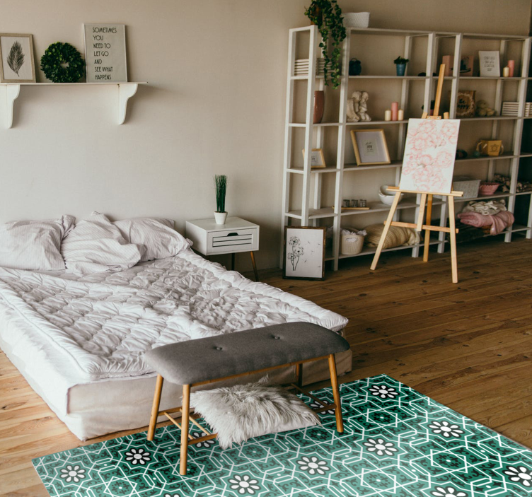 Green foral tile kitchen vinyl rug - TenStickers