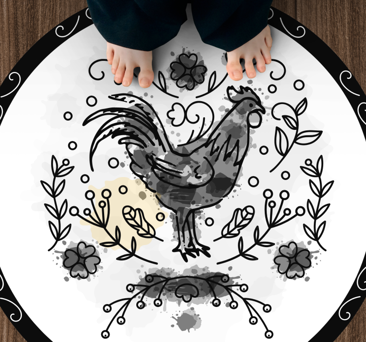 Black and white rooster circular rug - TenStickers