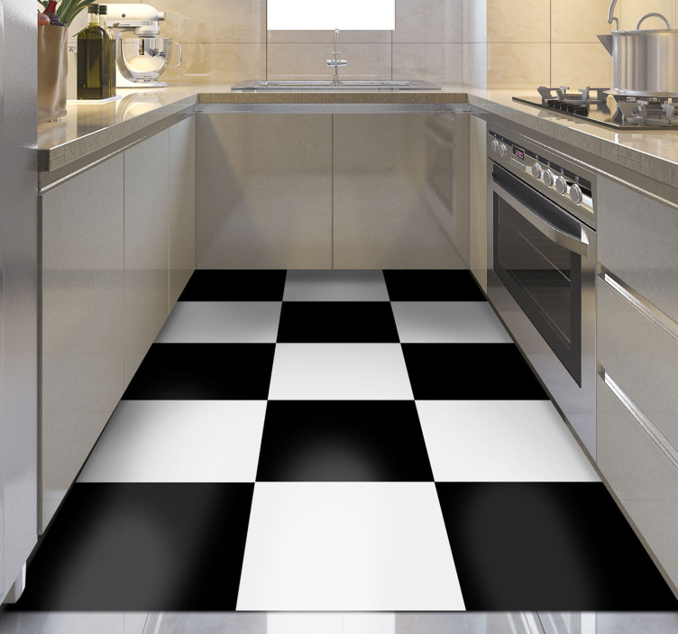 Black and white squares kitchen floor tiles - TenStickers