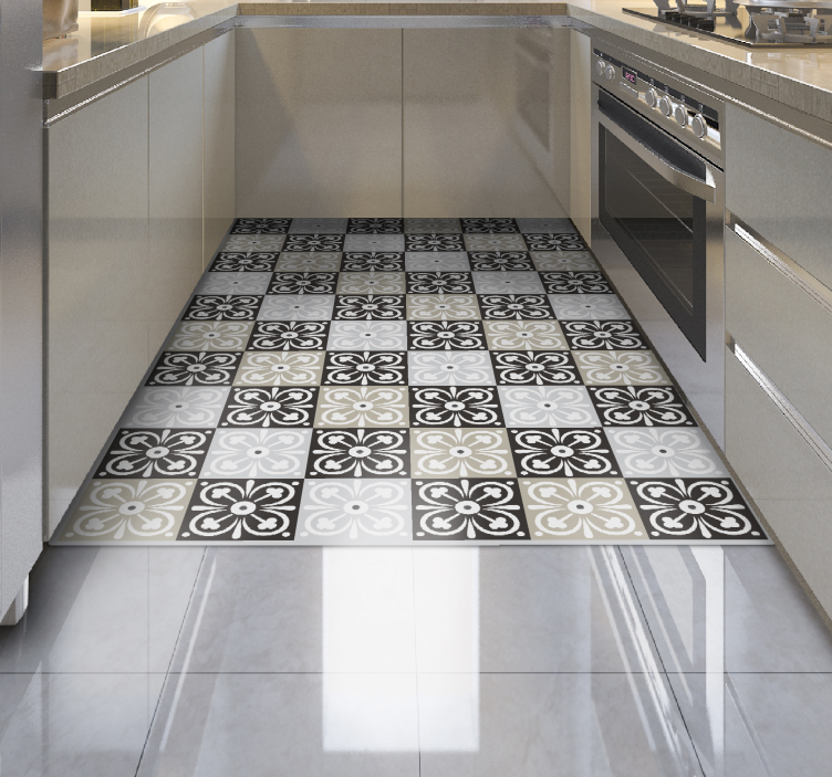 Black white and beige tile kitchen vinyl rug - TenStickers