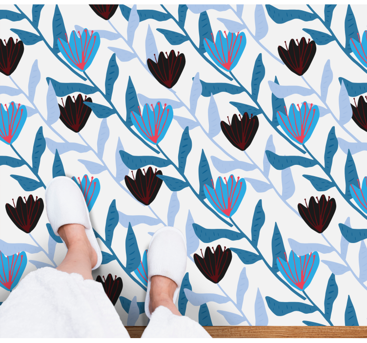 Blue and black illustrated tulips floral rug - TenStickers