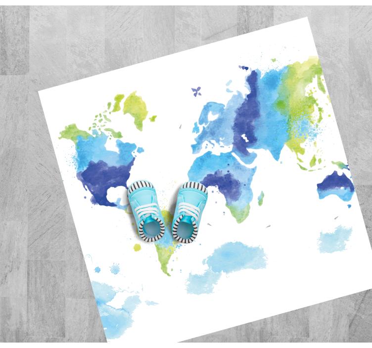 Blue and green aquarella world map vinyl rug - TenStickers