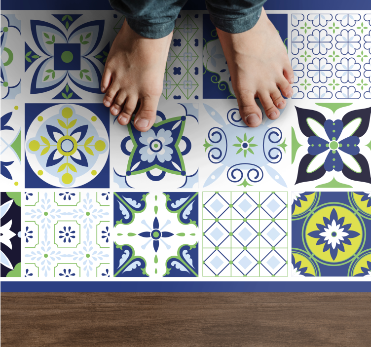 Blue ceramic inspiration tile vinyl rug - TenStickers