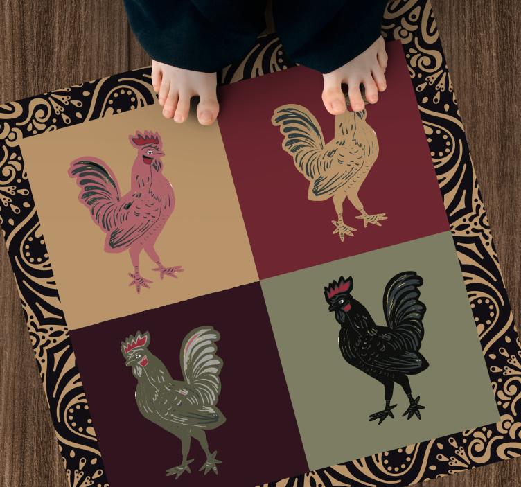Four rooster ethnical style square vinyl rug - TenStickers