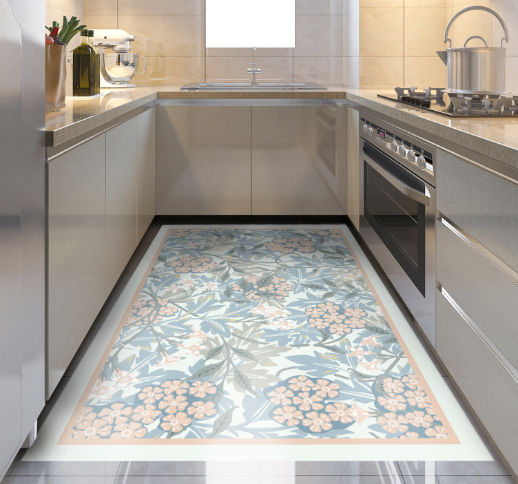 Kitchen white and blue plants nordic vinyl rug - TenStickers