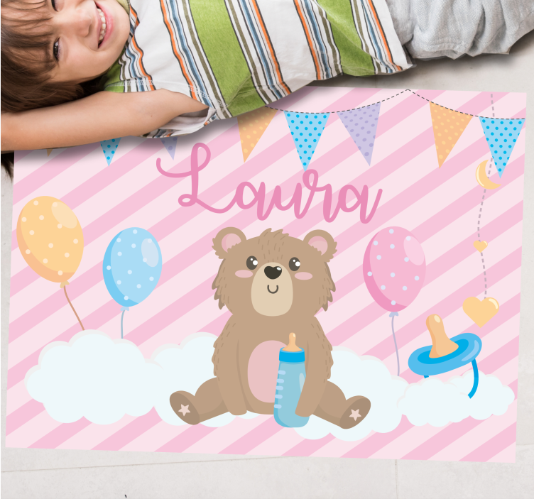 Festive bear with name nursery vinyl rug - TenStickers