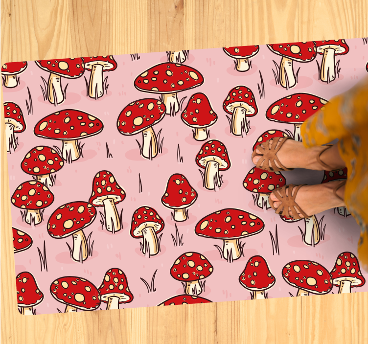 Red mushrooms pink background floral rug - TenStickers