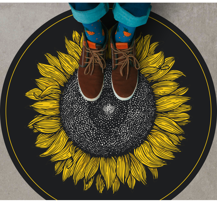 Round sunflower black floral vinyl rug - TenStickers