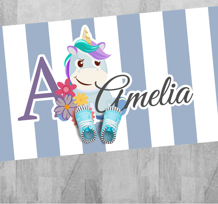 Striped unicorn with name vinyl rug - TenStickers