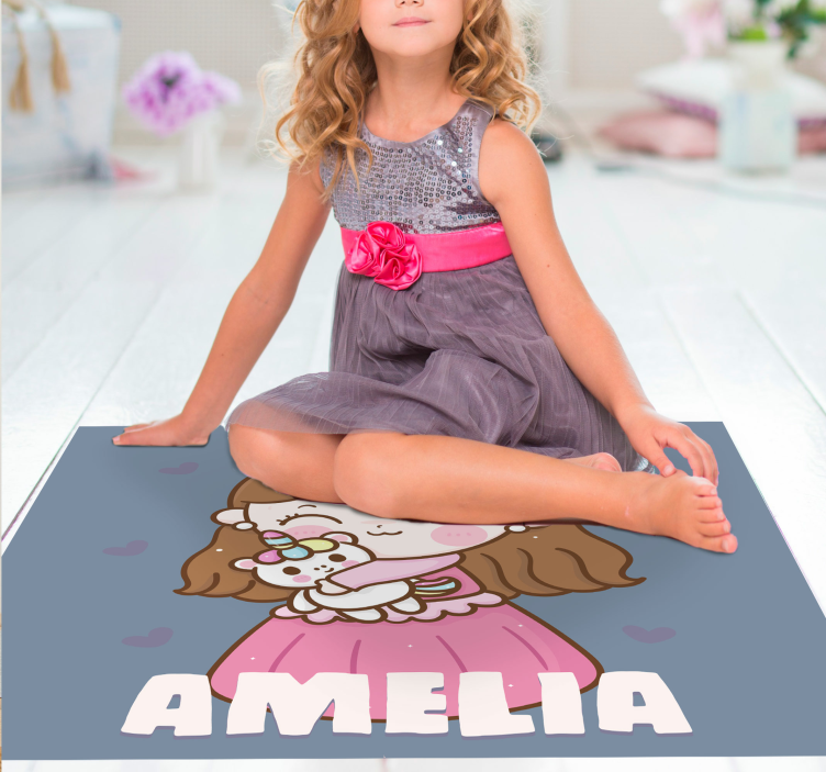 Princess hugging unicorn with name vinyl rug - TenStickers