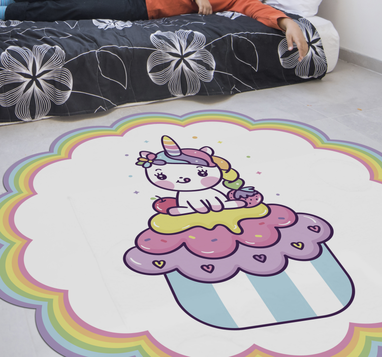 Unicorn siting on big cupcake smiling vinyl rug - TenStickers