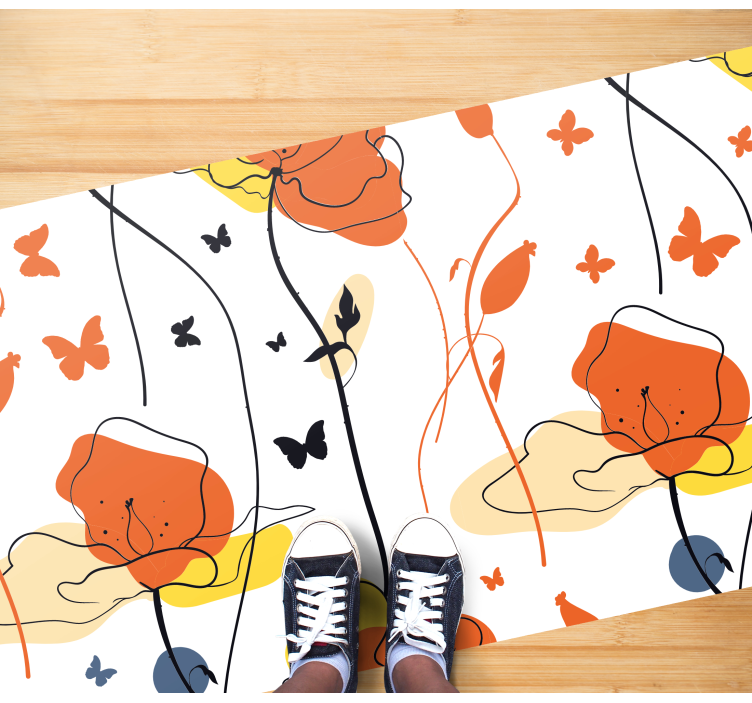 Minimalistic pattern with butterflies flower vinyl rug - TenStickers
