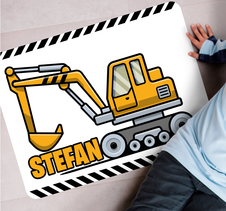 Yellow cartoon excavator  name kids vinyl rug - TenStickers