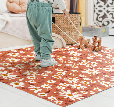 70's Daisy flower orange background vinyl living room rug - TenStickers