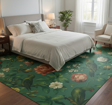 Bedroom vinyl rug dark green floral bird design - TenStickers