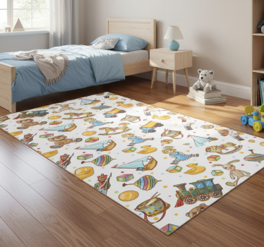 Bedroom vinyl rug with cute wooden toys and teddy bear - TenStickers