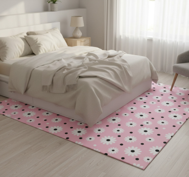 Bedroom vinyl rug with pink black dot flower design - TenStickers