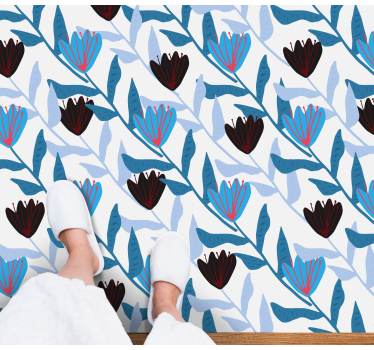 Blue and black illustrated tulips flower rug - TenStickers
