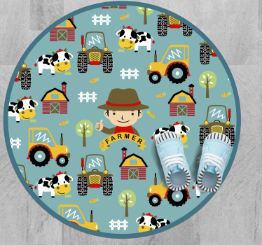 Farmer, animals and tractor circle animal mat - TenStickers