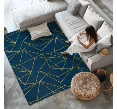 Geometric gold lines blue vinyl rug - TenStickers